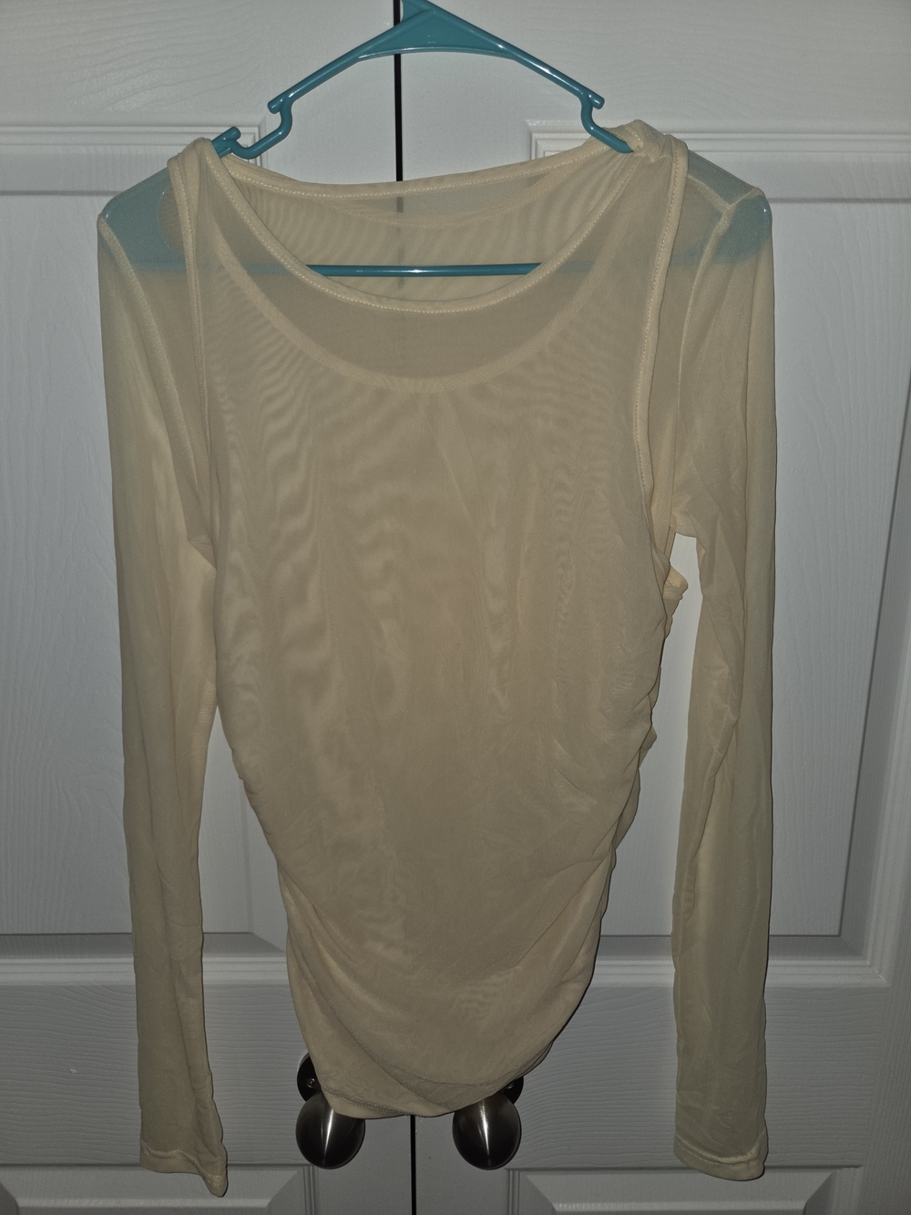 Source Unknown Sheer Long-Sleeve Scoop Neck Top in Cream